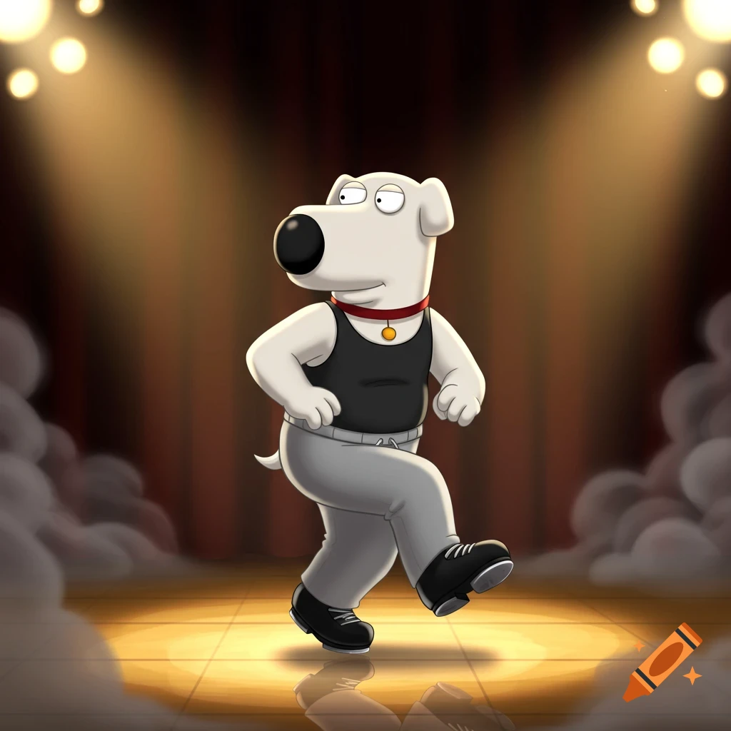 Brian Griffin from Family Guy tap dancing on a spotlighted stage wearing a black tank top and gray sweatpants.