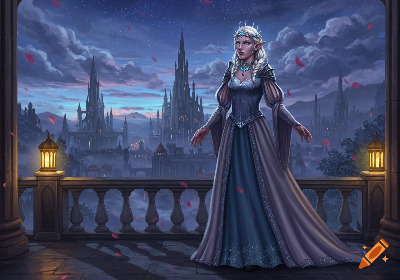 An elf-like princess with white hair and pointed ears stands on a balcony, overlooking a fantasy cityscape at dusk.