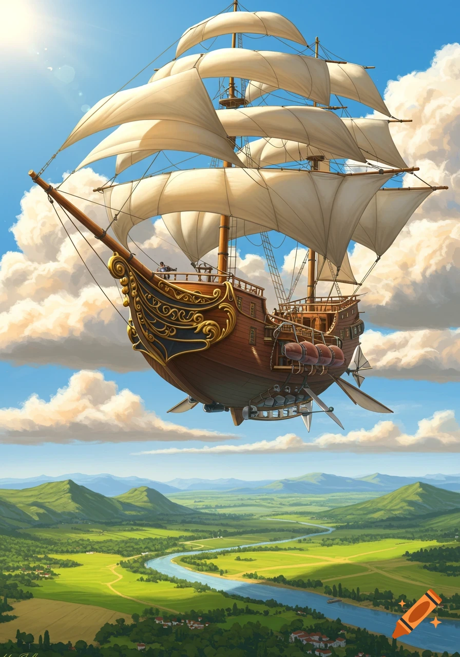 A grand, ornate wooden airship with multiple white sails flies high above a verdant, sunlit landscape with a winding river and green mountains.