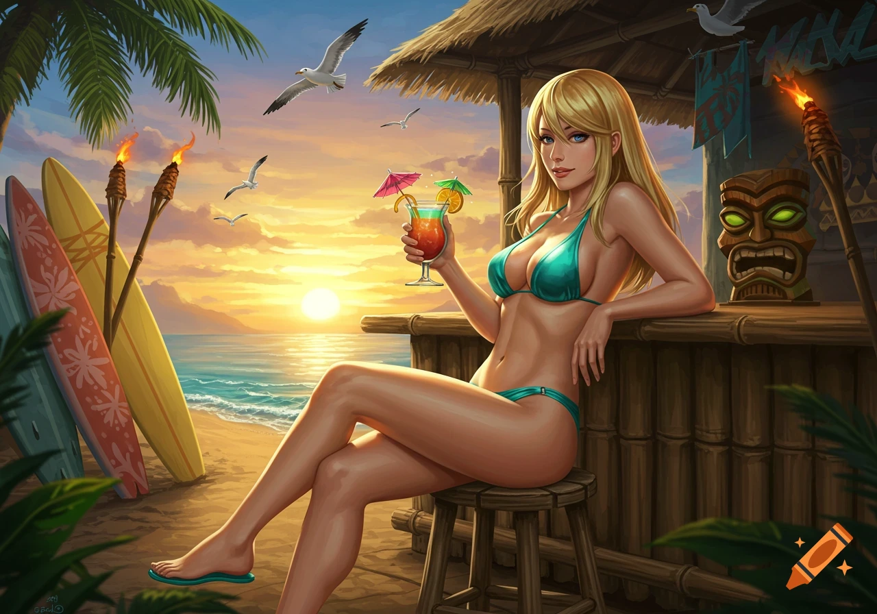 A blonde woman in a turquoise bikini sits at a beach bar, holding a cocktail at sunset, with surfboards nearby in an anime art style.