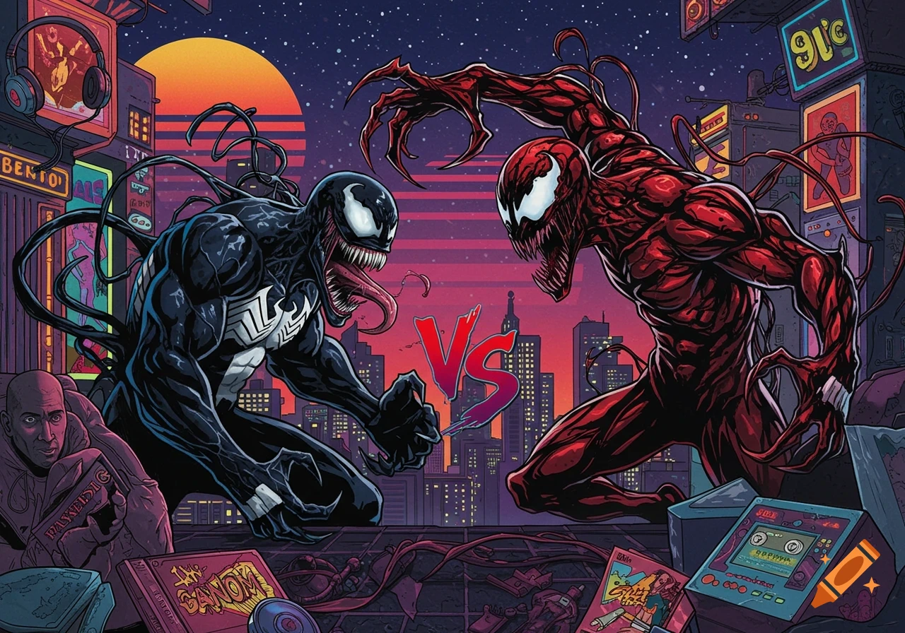 Venom and Carnage face off in a retro 90s cityscape at sunset, surrounded by arcade machines, VHS tapes, and neon signs.