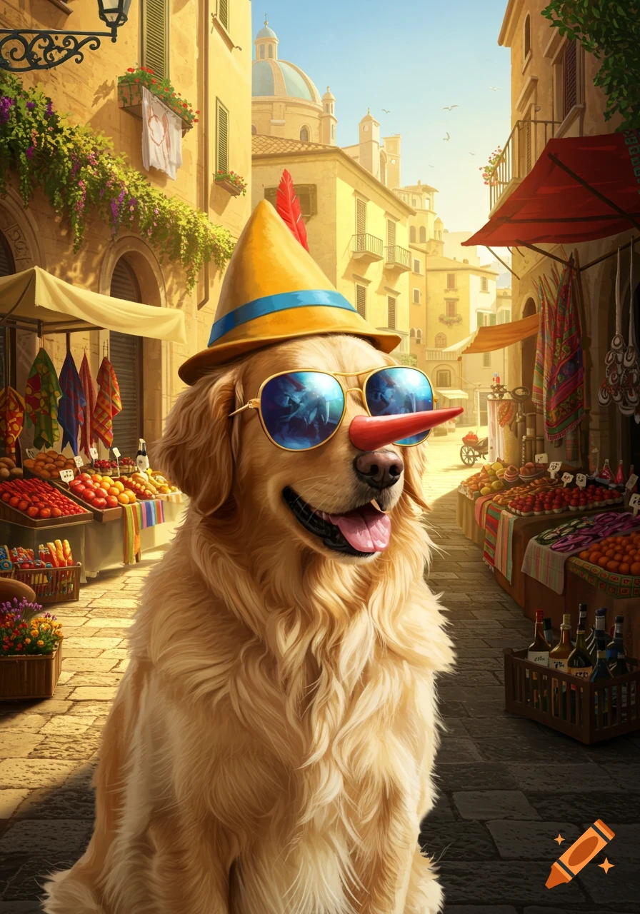 A golden retriever dog wears a yellow Pinocchio hat with a red feather, blue reflective sunglasses, and a red Pinocchio nose, sitting in a sunny Italian market.