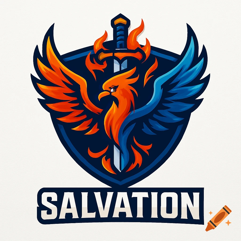 A vibrant esports logo featuring a stylized phoenix with fiery orange and cool blue wings, a sword, and the text "SALVATION" on a white background.