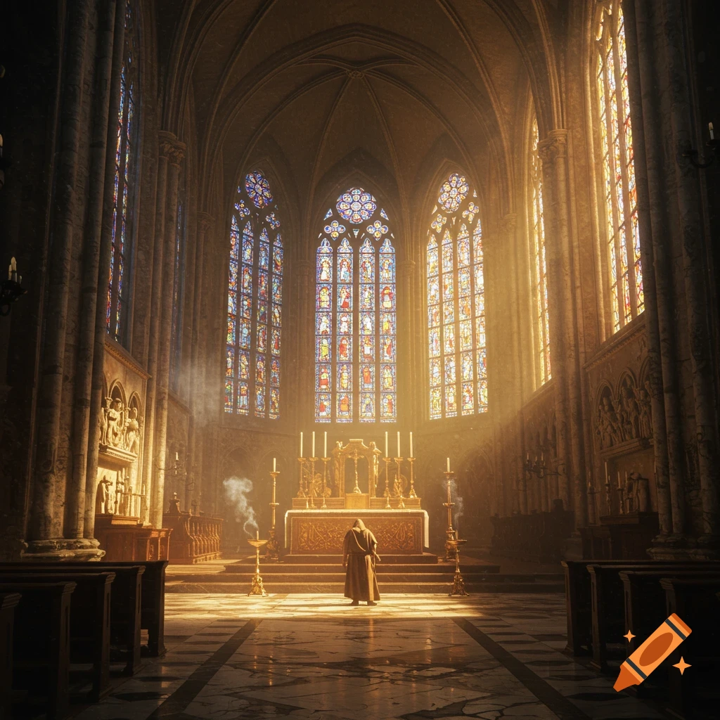 A robed figure stands at a brightly lit altar inside a grand Gothic cathedral with ornate stained glass windows and sunbeams.