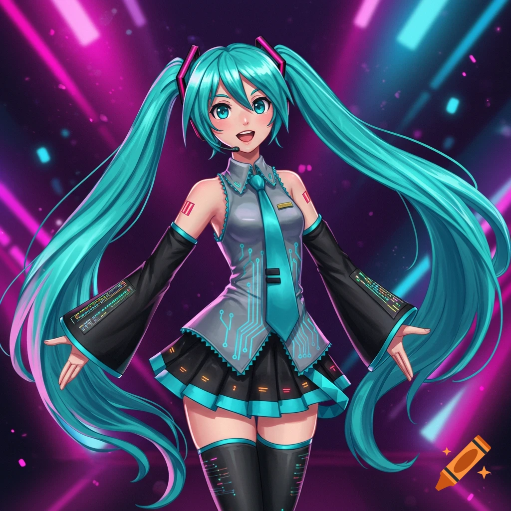 Hatsune Miku in a teal and black outfit with long pigtails, standing against a vibrant pink and blue neon background.