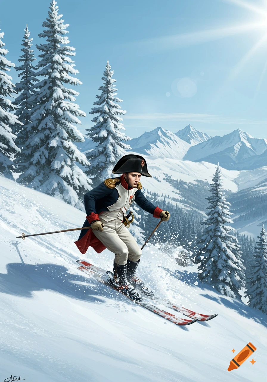 Napoleon Bonaparte skiing down a snowy mountain slope amidst evergreen trees under a bright blue sky.