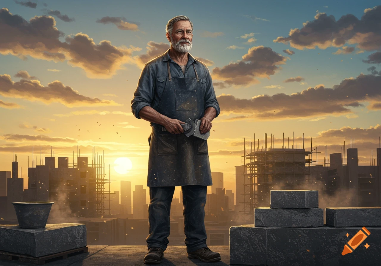 An older bearded mason stands on a construction site rooftop at sunset, holding a trowel, with a city skyline in the background.
