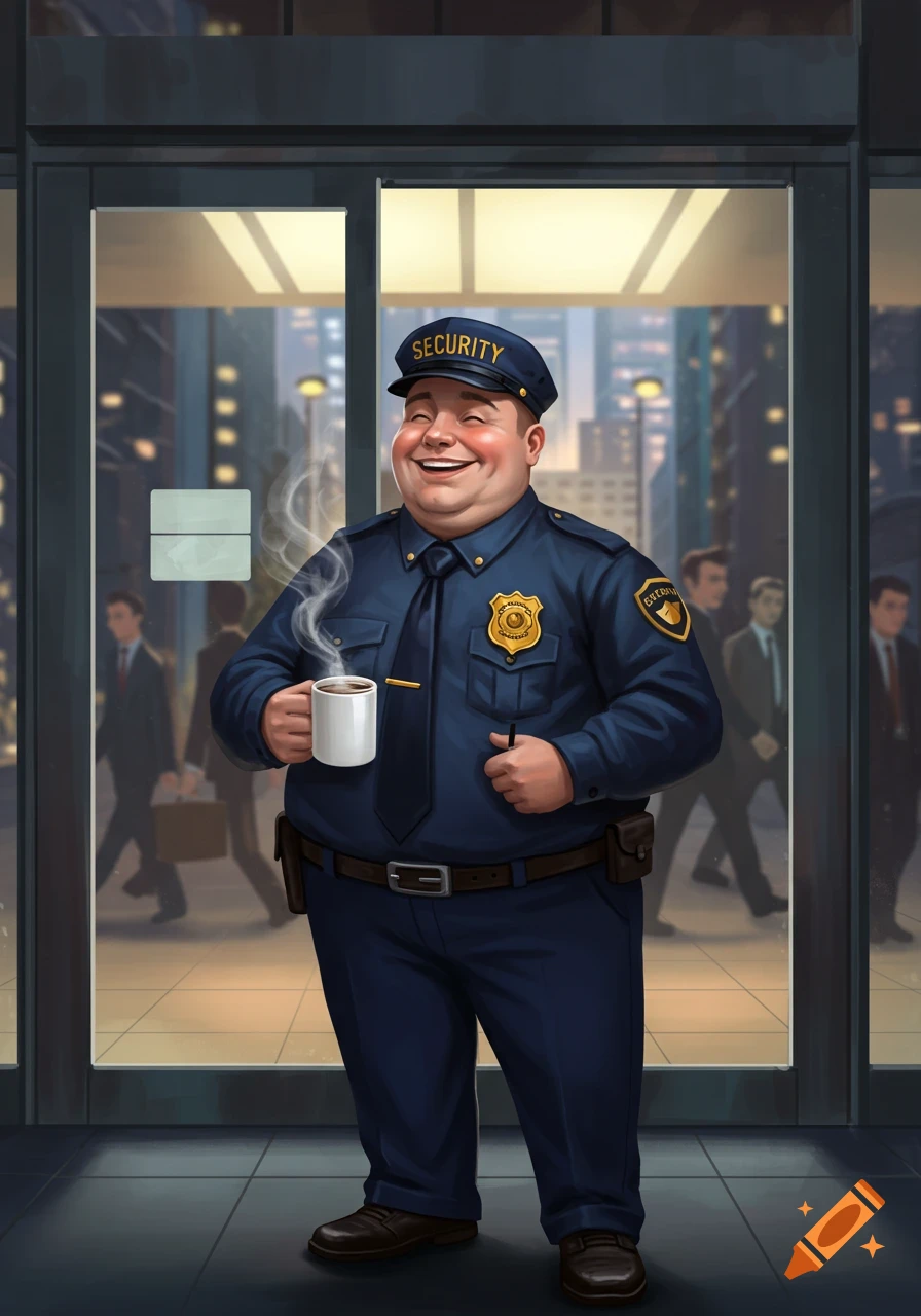 A jovial, overweight security guard in uniform holds a steaming coffee cup and smiles widely in front of a modern building entrance.