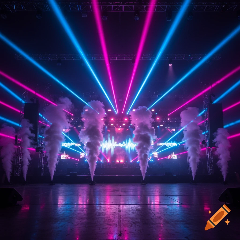 A vibrant concert stage is illuminated by bright blue and pink laser lights and dramatic plumes of smoke, with an equalizer graphic on the screen.