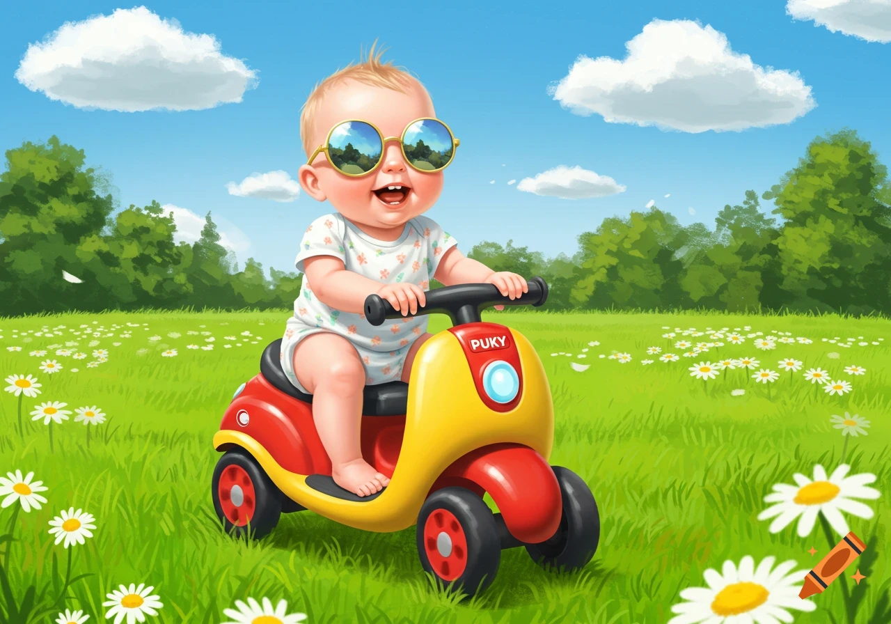 A happy baby with sunglasses rides a red and yellow Puky toy scooter in a sunny field with daisies, cartoon style.