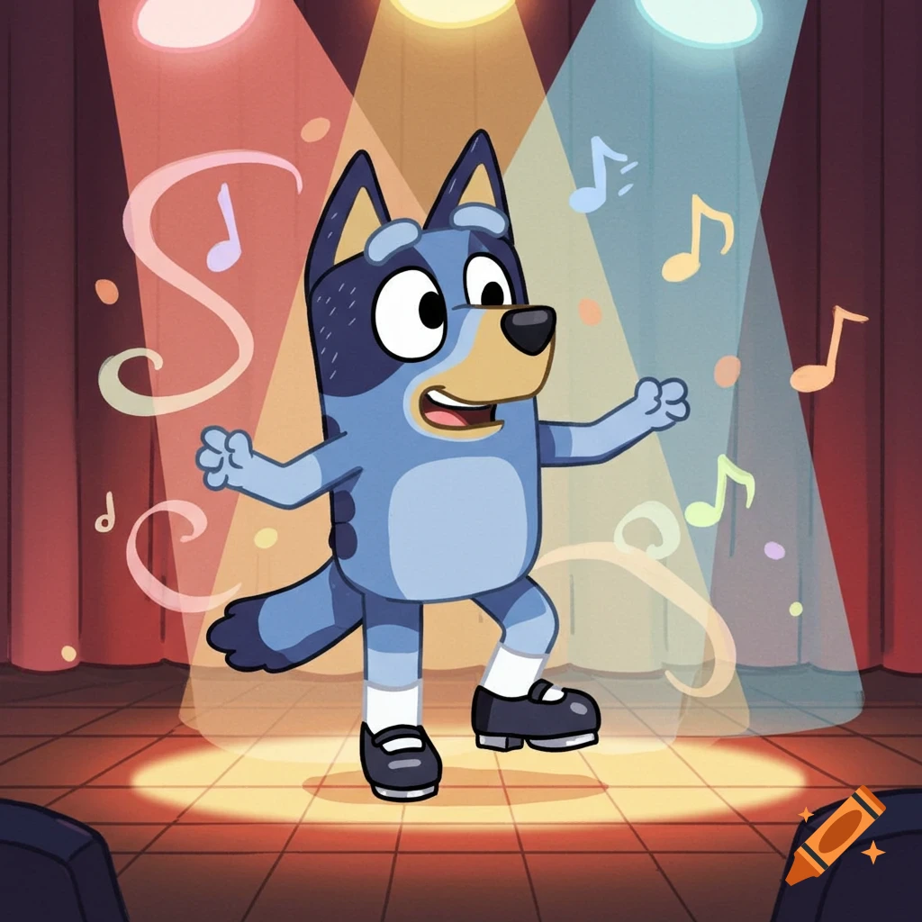 A 2D animated blue dog character, Bluey, tap dancing under spotlights on a stage, surrounded by colorful musical notes.