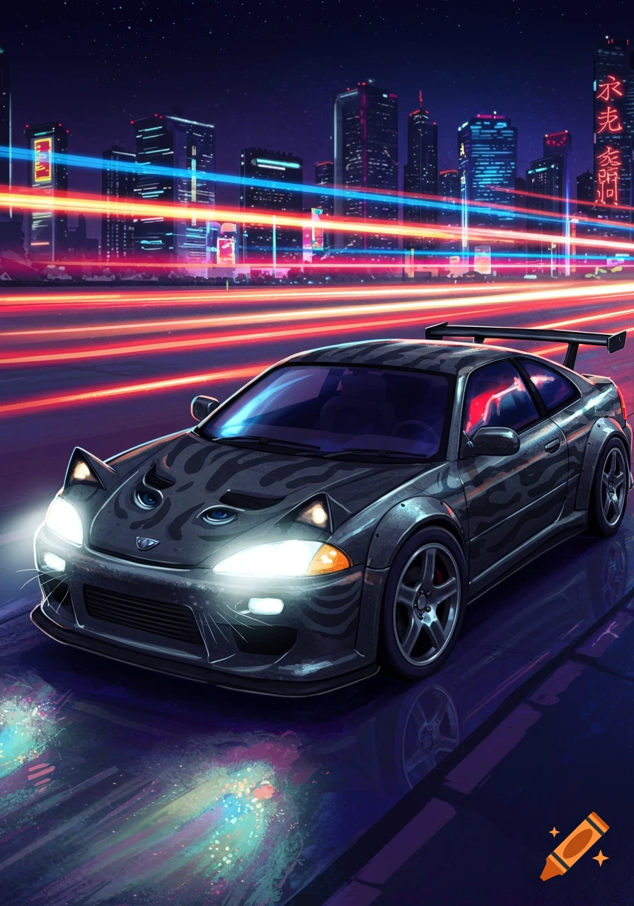 A black cat-themed car with glowing headlights drives through a neon-lit city at night, with light trails on the road.