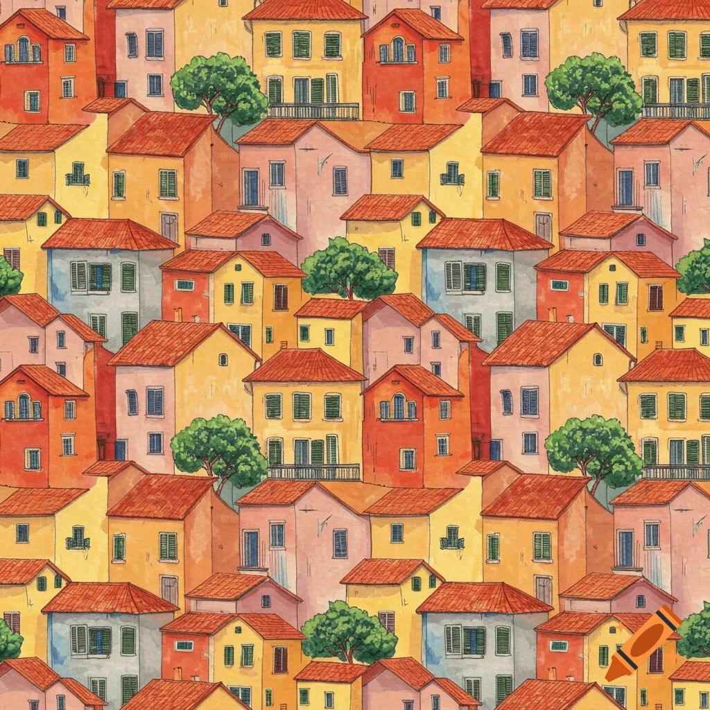 A seamless, colorful, illustrative pattern of a European village with red/orange roofs, yellow/pink buildings, and green trees.