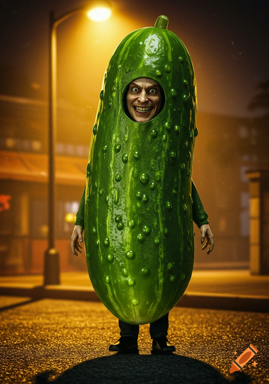 A man in a photorealistic pickle Halloween suit with an evil grin stands under a streetlight at night.
