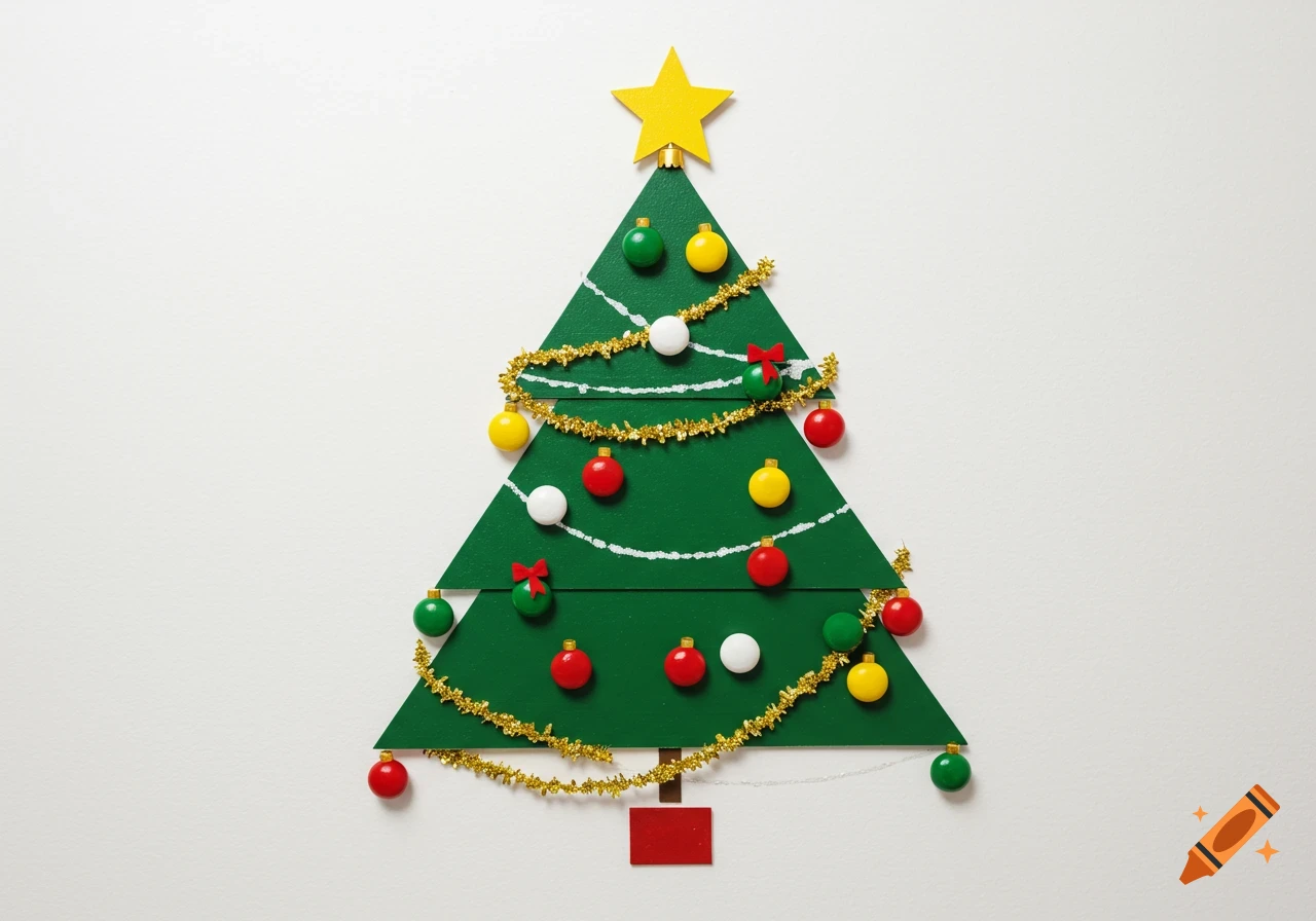A simple green cutout Christmas tree with colorful ornaments, gold tinsel, and a yellow star, set against a white background.