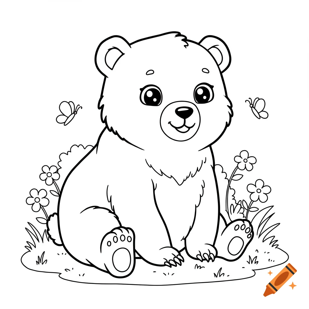 Cute cartoon bear sitting on grass with flowers and butterflies, in black-and-white line art, coloring page style.
