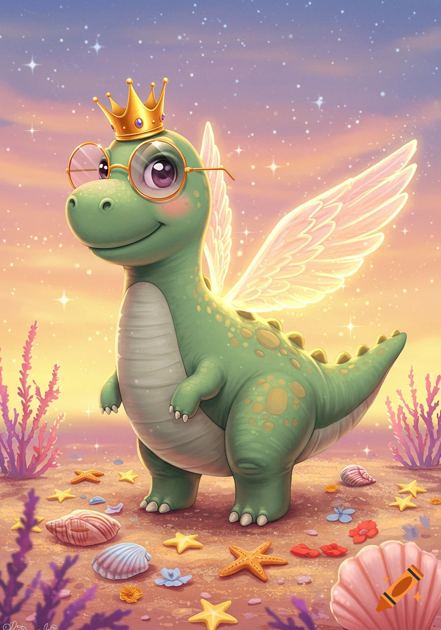 A cute green cartoon dinosaur with a golden crown, glasses, and glowing wings stands on a sparkling beach with seashells and starfish under a pastel, starry sky.