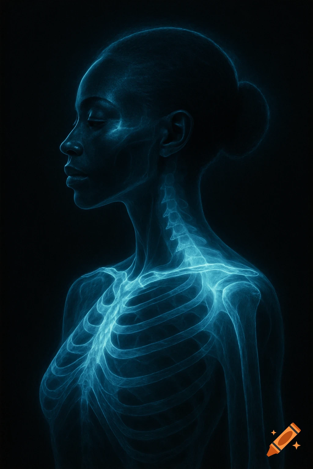Blue glowing X-ray of a woman's torso and head in profile, revealing her skeletal structure against a dark background.