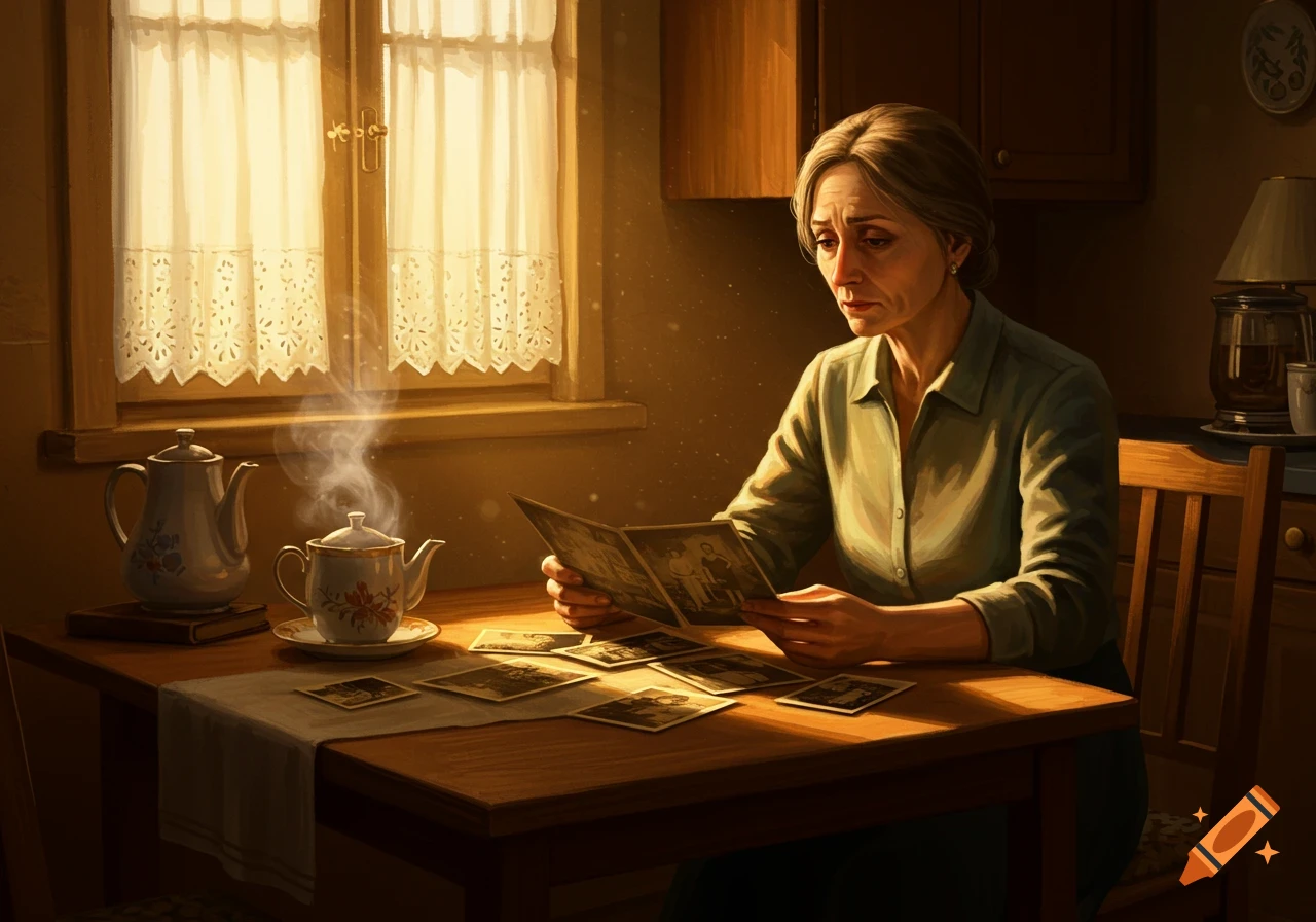 A melancholic woman reviews old photos at a kitchen table, steaming tea beside her, bathed in warm morning light.