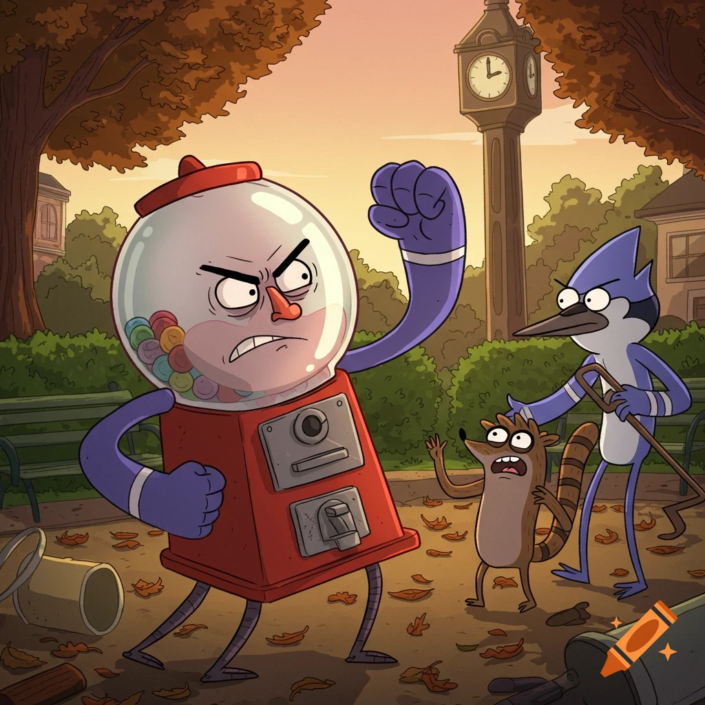Angry cartoon gumball machine character Benson raises a fist at scared blue jay Mordecai and raccoon Rigby in a park with autumn leaves and a clock tower.