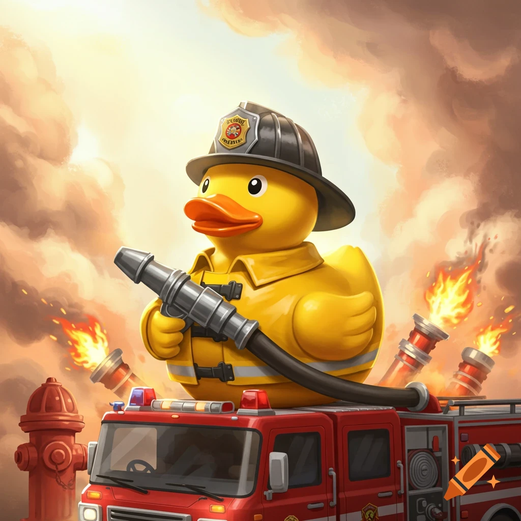 A yellow rubber duck fireman on a red fire truck, holding a hose nozzle amidst smoke and flames, with a fire hydrant.