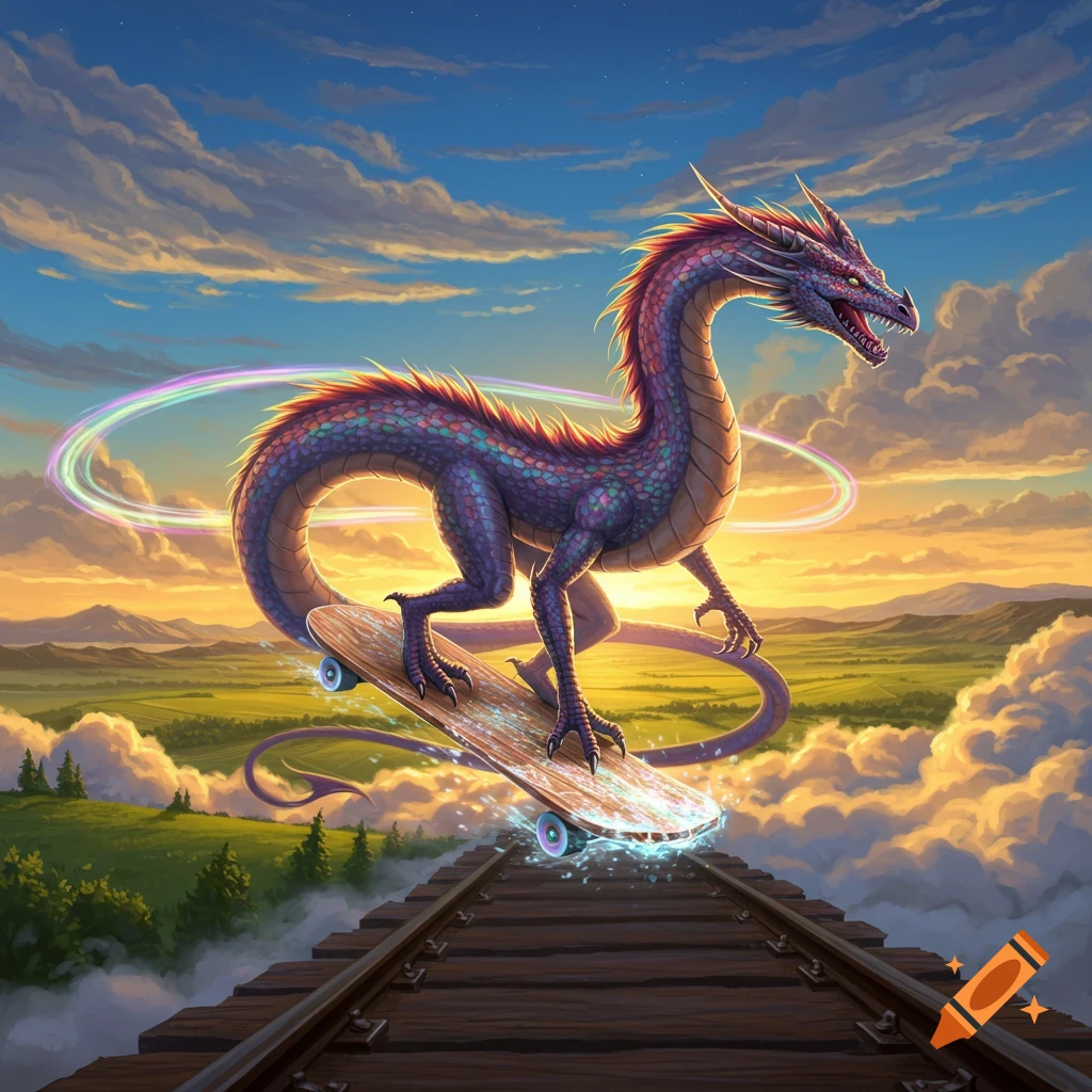 A colorful dragon balancing on a skateboard above train tracks, with a rainbow trail and a vibrant sunset sky over a green landscape.