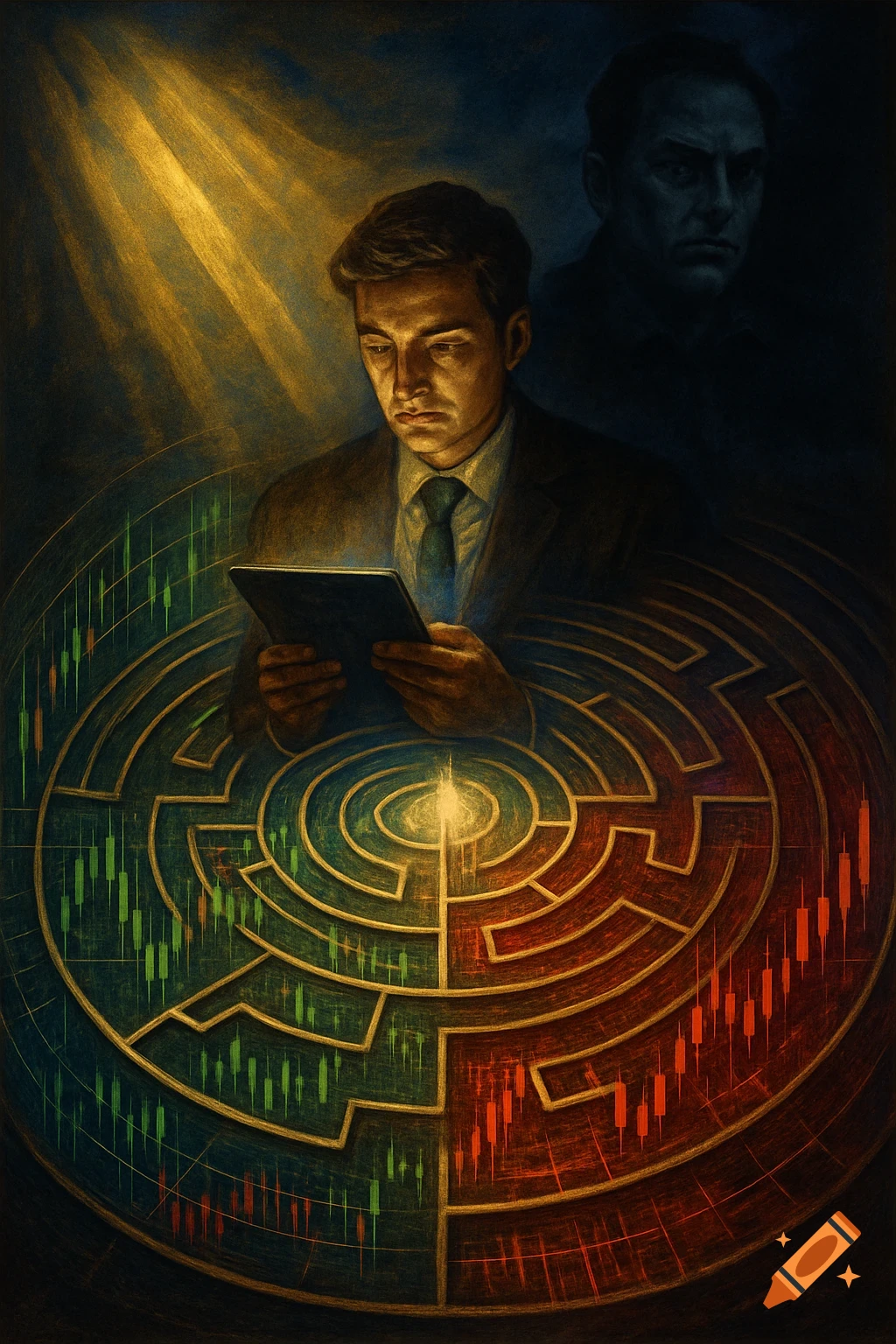 A man in a suit looks at a glowing tablet above a maze with stock charts, symbolizing the complexities of trading.