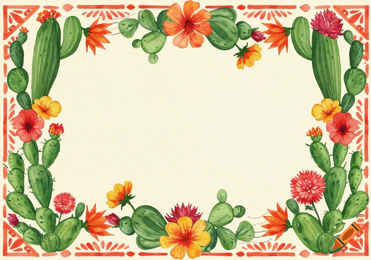 Colorful watercolor border with green cacti and vibrant red, orange, yellow flowers in a Mexican folk art style.