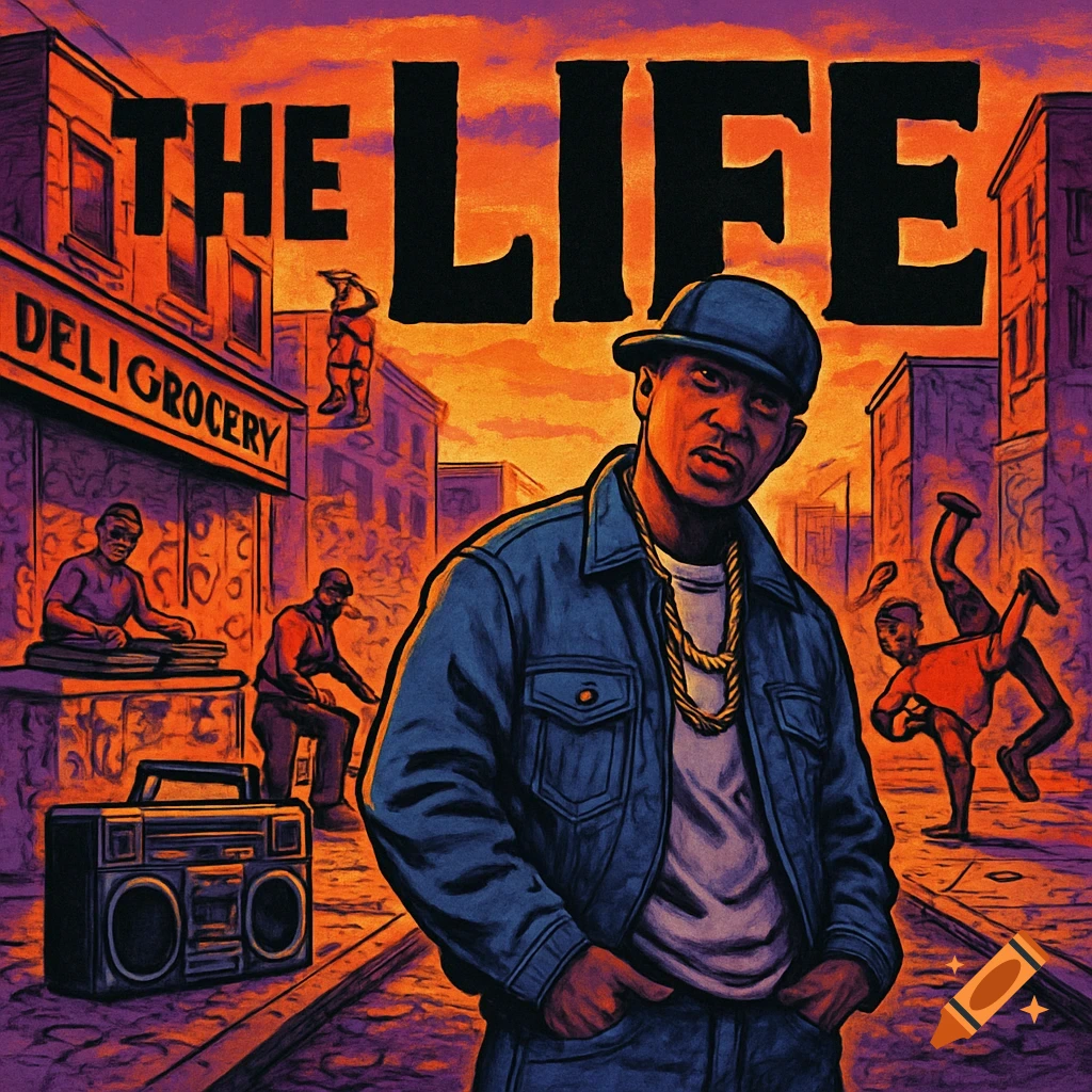 Stylized 90s hip-hop album cover art with a man in a denim jacket and gold chain on a street, 'THE LIFE' title above.