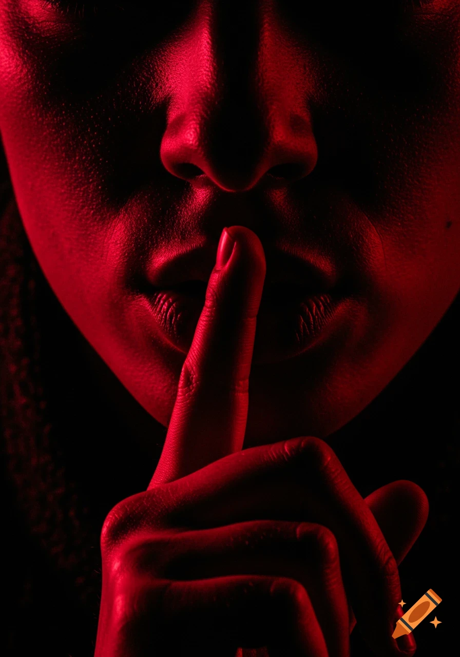 A dramatic close-up portrait of a person making a 'shh' gesture with deep red and black moody lighting.