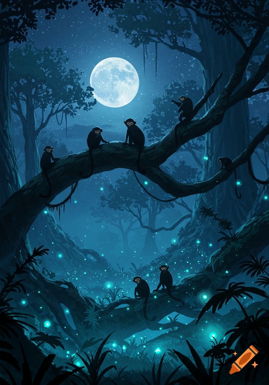 Illustrative night scene of black monkeys in a glowing jungle under a full moon.