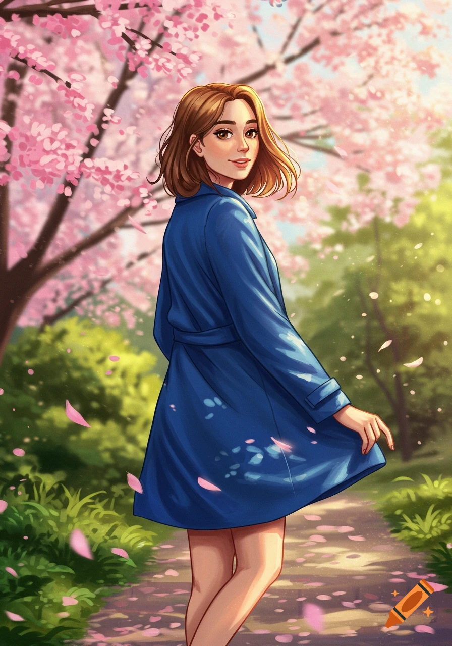 An anime-style young woman in a blue coat stands in a park filled with pink cherry blossoms and falling petals.