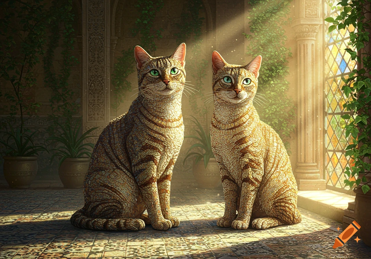 Two brown and tan mosaic cats with green eyes sit in an ornate room with a stained glass window, bathed in sunlight.