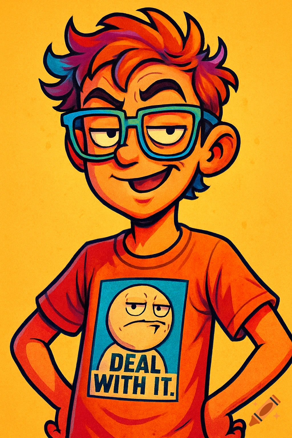 A cartoon boy with messy colorful hair and blue glasses, wearing an orange t-shirt with a 'Deal With It' meme design.