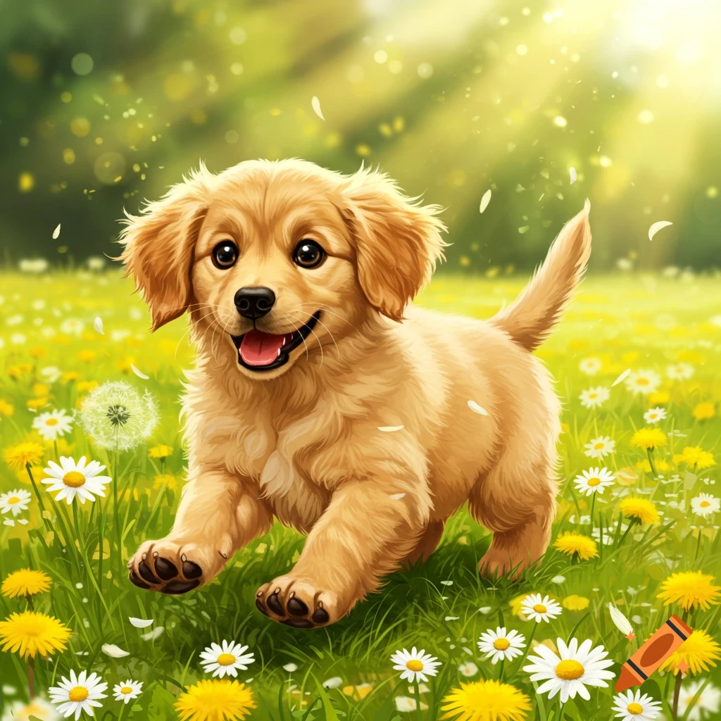 A happy golden retriever puppy bounds through a sunny field of white daisies and yellow dandelions.