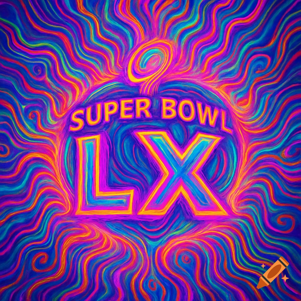 Psychedelic Super Bowl LX logo with vibrant swirling lines and glowing text in bright colors.