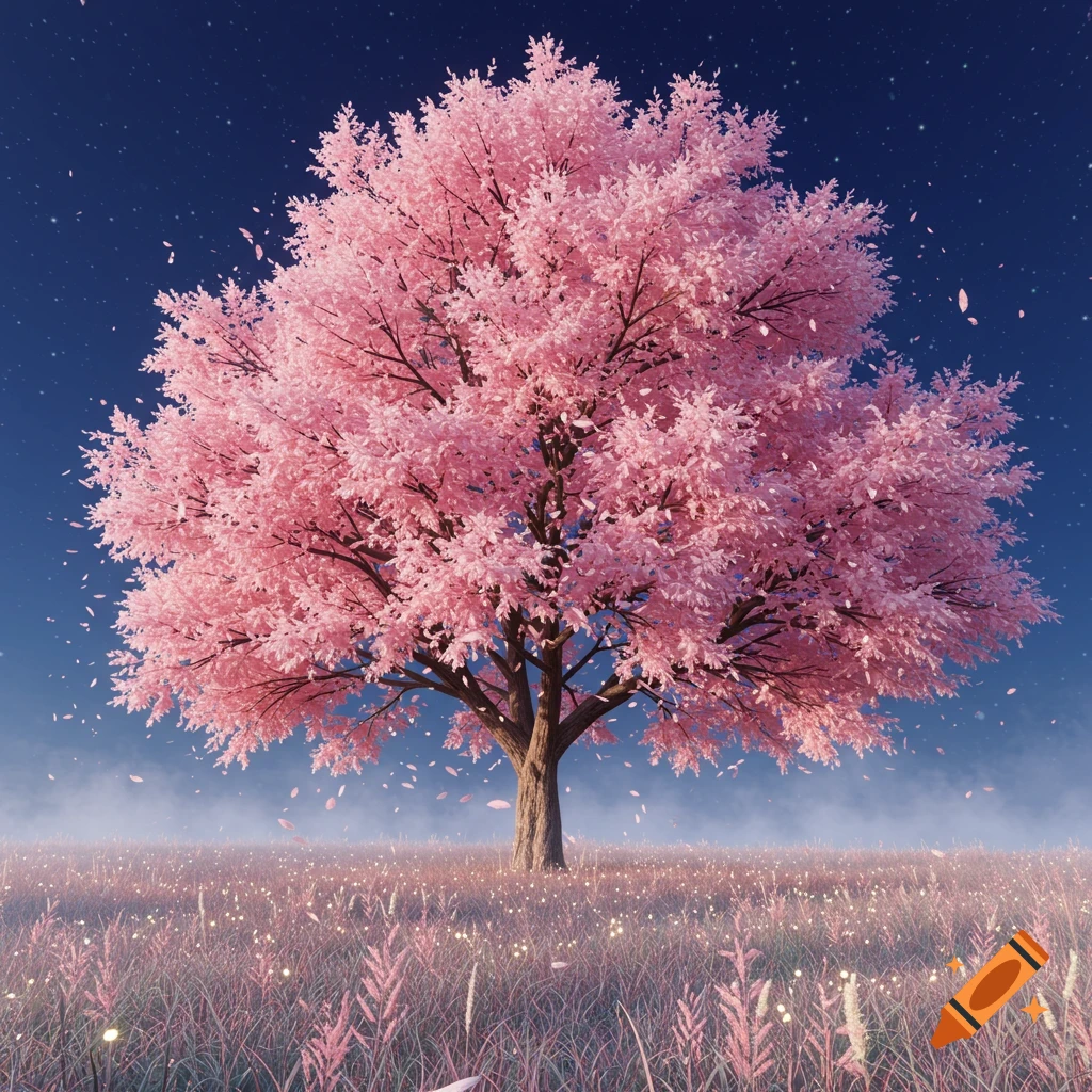 A vibrant pink-leafed tree stands in a glowing pink field under a starry night sky with falling petals, in a dreamy style.