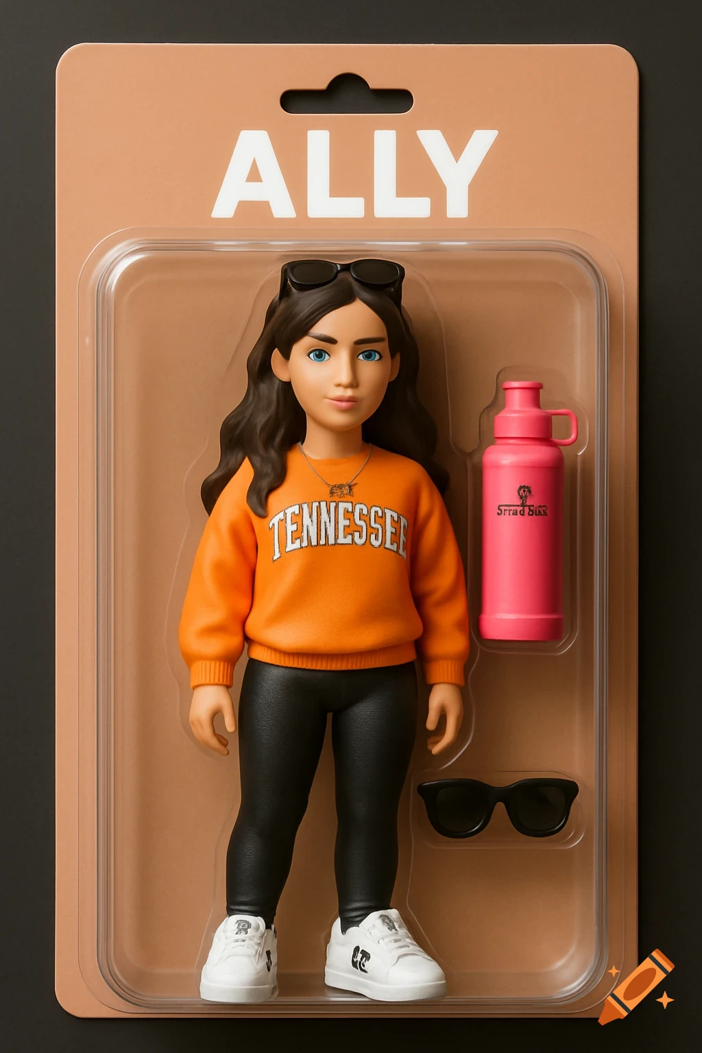 A 3D rendered action figure doll named Ally in a clear plastic package, wearing an orange "TENNESSEE" sweater, black leggings, and white sneakers, with a pink water bottle and sunglasses beside her.