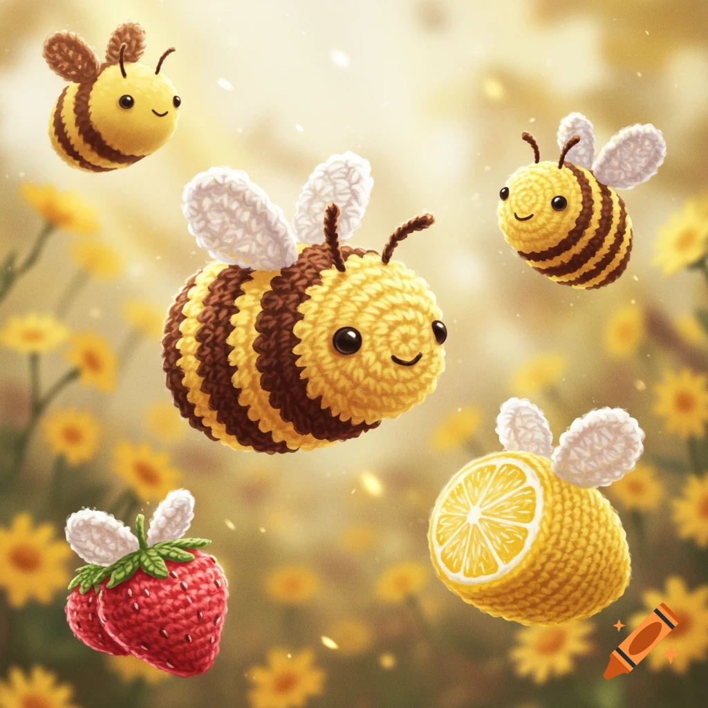Cute crochet bees, including a strawberry and a lemon bee, fly among blurry yellow flowers.