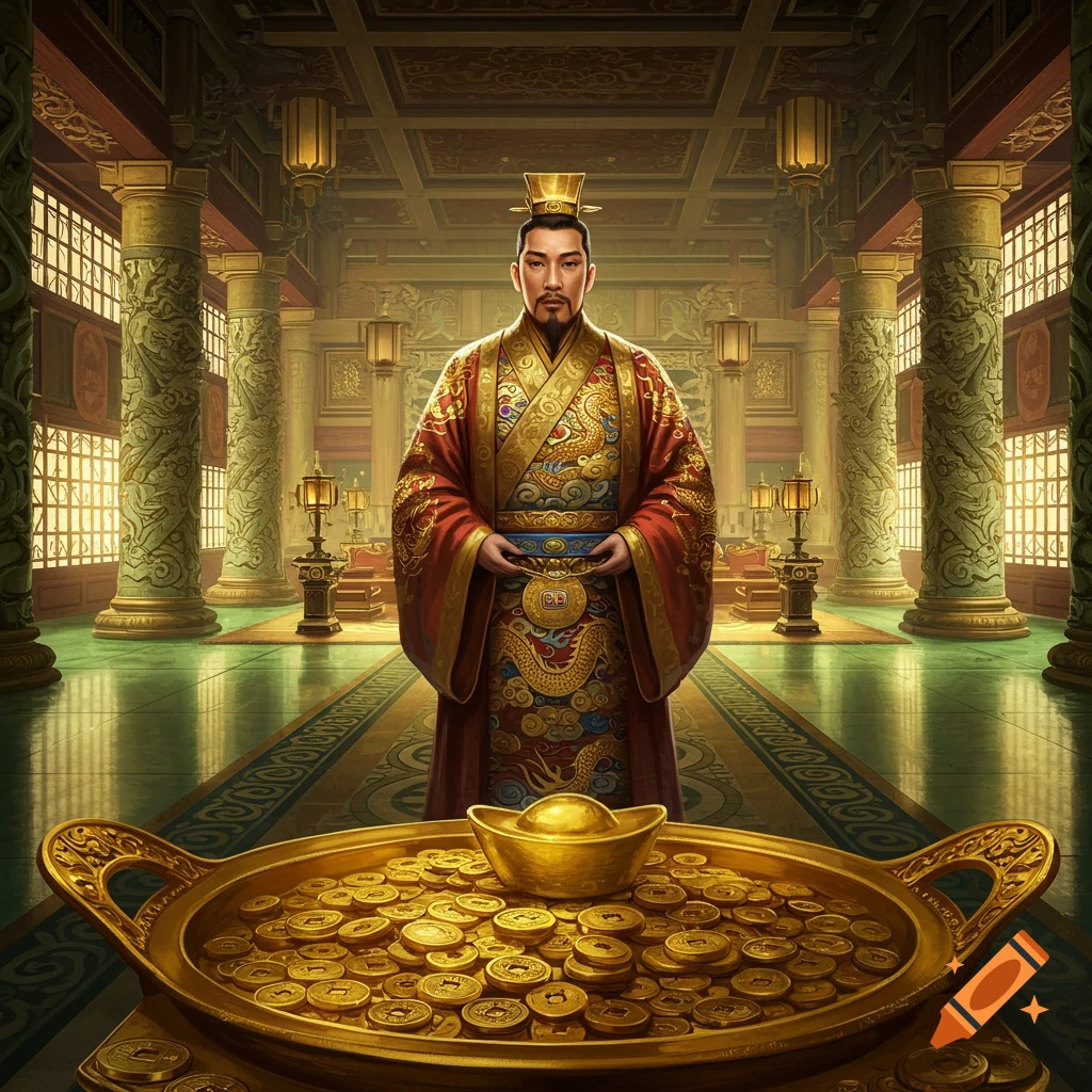 A Chinese emperor in red and gold robes stands in an opulent palace, with a tray of gold coins and an ingot in front.