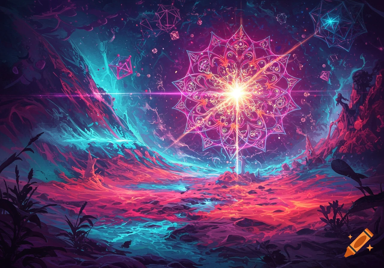 A vibrant, glowing mandala in a fantastical landscape with swirling pink, blue, and purple cosmic energy and geometric shapes.