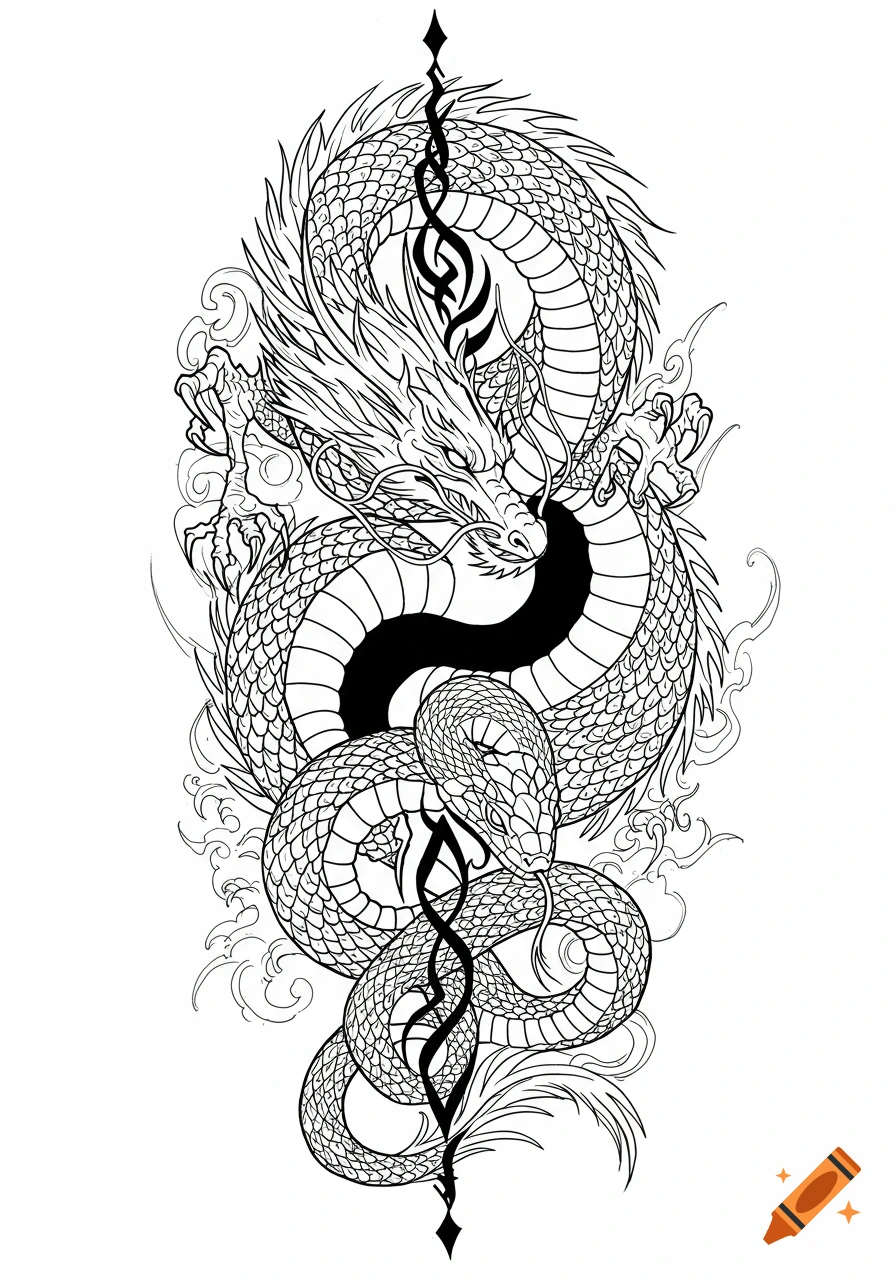Black and white line art tattoo design featuring a dragon and a snake intertwined around an ornate central motif.