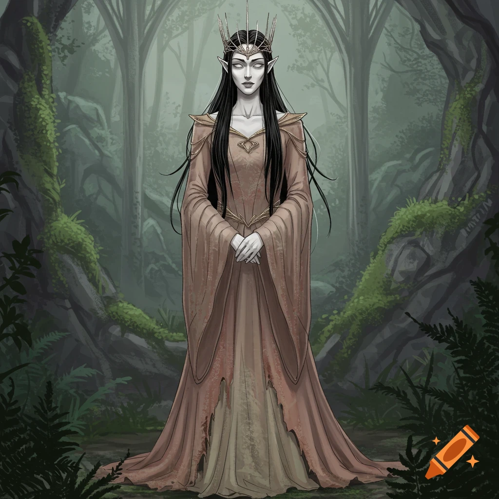 A pale, black-haired elven queen in a tattered, old-fashioned gown and crown stands in a misty, mossy forest.