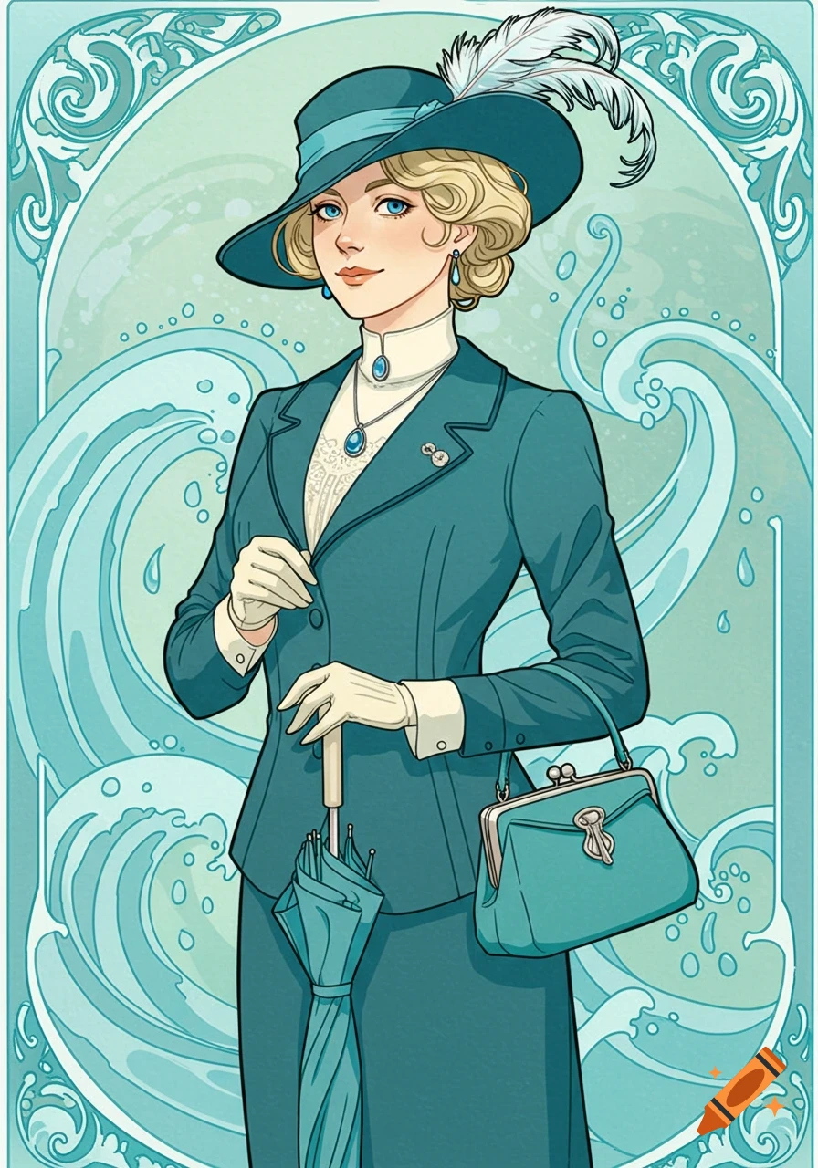Art Nouveau illustration of a refined British lady in a teal-blue suit, hat with a feather, holding an umbrella and handbag, against a background of stylized waves.