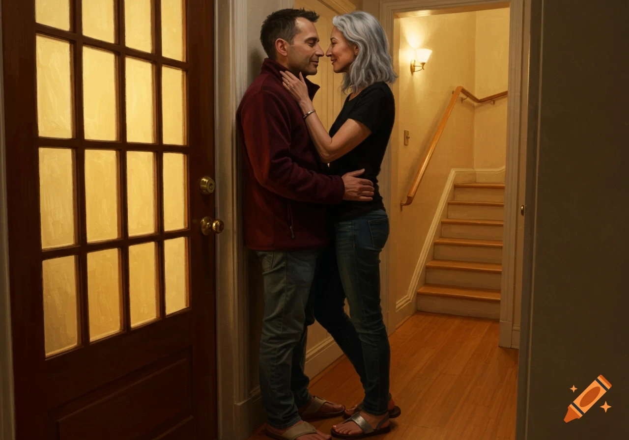 A man and woman embrace intimately in a cozy home hallway, bathed in warm golden light, in a photorealistic oil painting style.