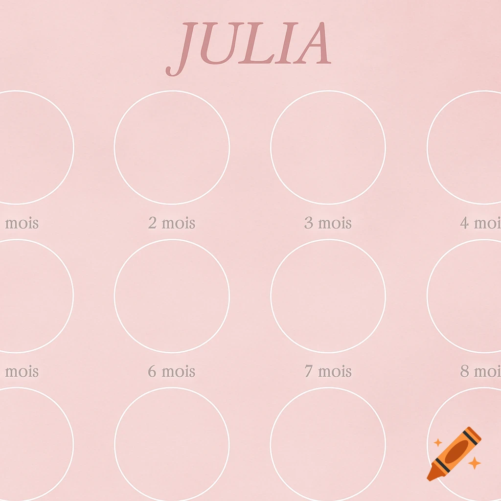 Pink baby photo collage template with 12 circles for each month, labeled 1 to 12 months, and the name JULIA.