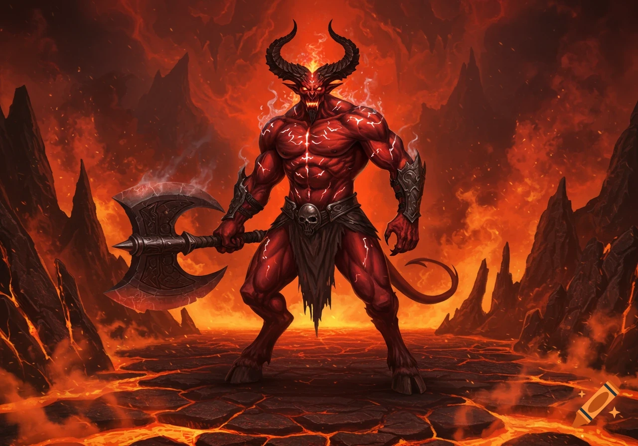 A muscular, red-skinned demon with large horns and glowing eyes stands powerfully in a fiery hellscape, holding a two-headed axe.