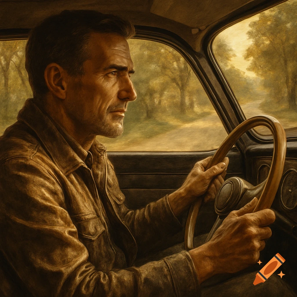 A man in a brown jacket drives a vintage car on a tree-lined road, rendered in a realistic painting style.