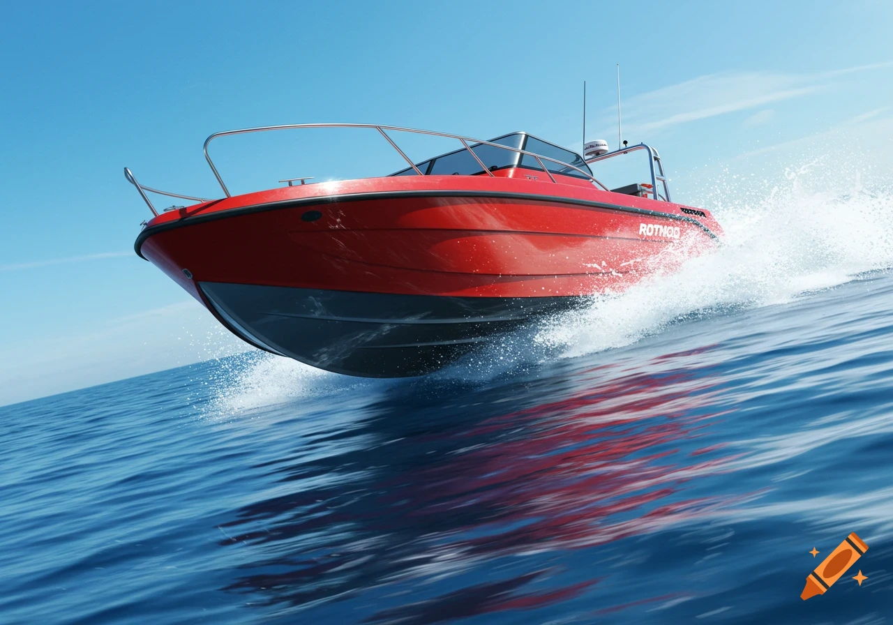 A red and gray motorboat with the brand name "ROTMOD" speeds across blue water, creating a large white spray, under a clear blue sky.