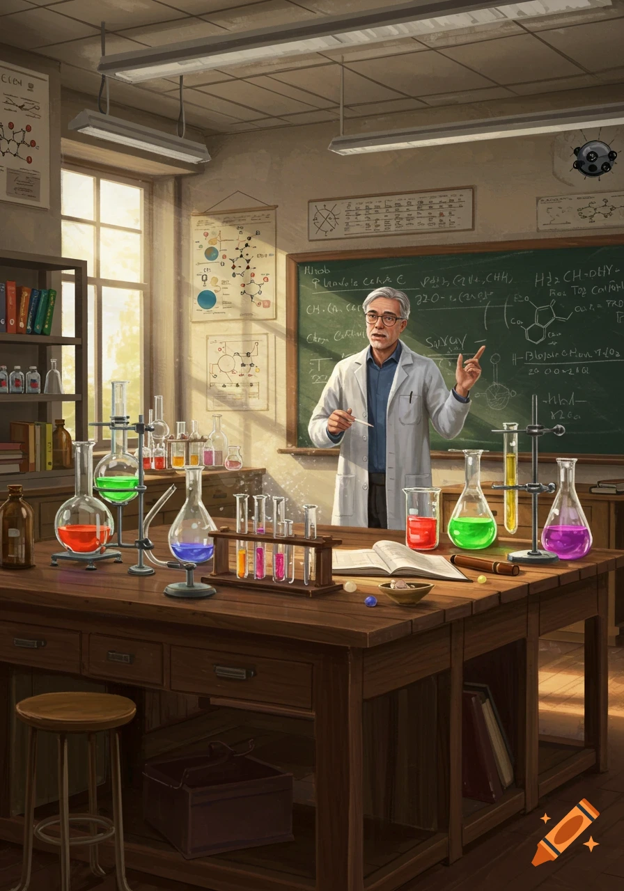 A detailed illustration of a male teacher in a chemistry lab, gesturing while standing next to a table filled with colorful beakers and test tubes.
